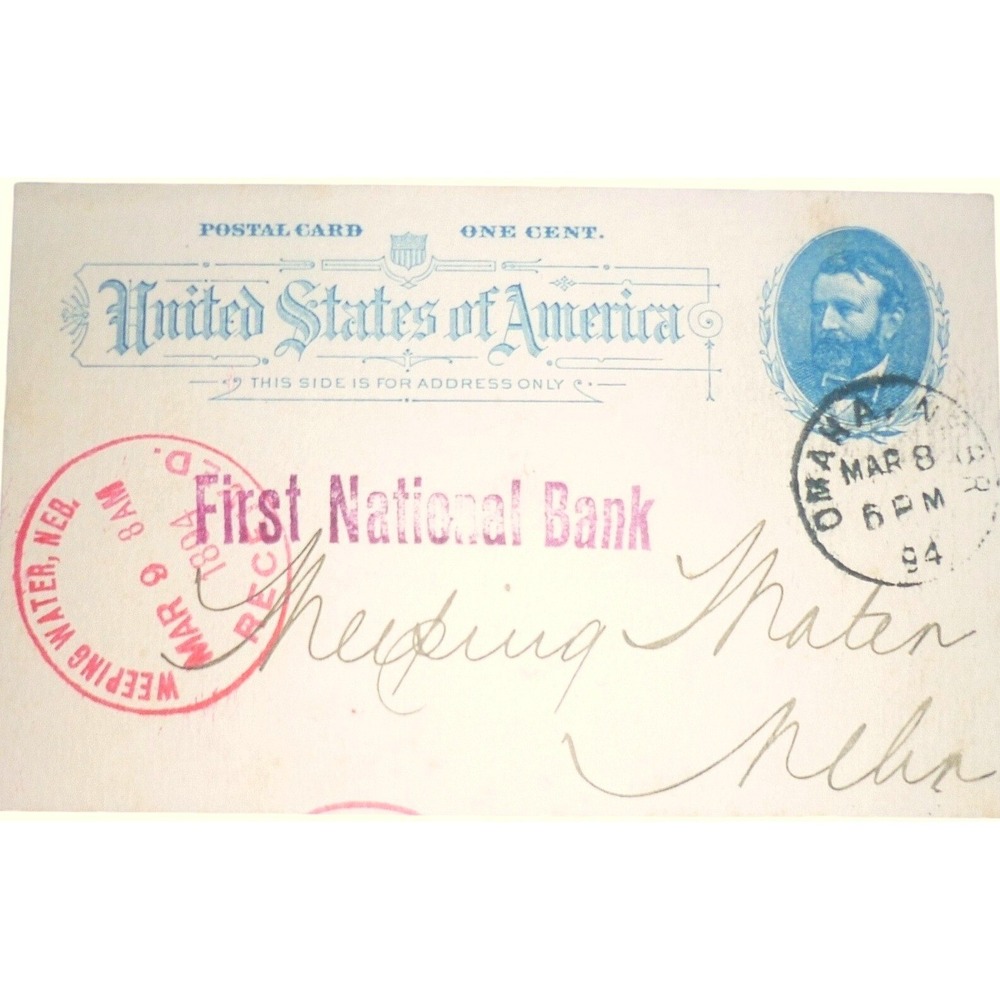 1894 Omaha National Bank Postal Card Weeping Water NE J.H. Millard